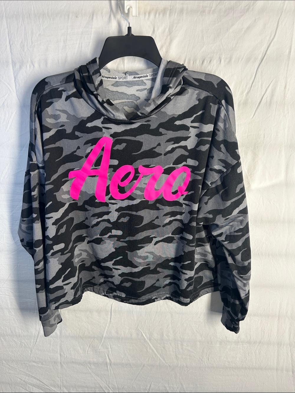 Aeropostale Black & Gray Camo Long Sleeve Hoodie with Pink Logo